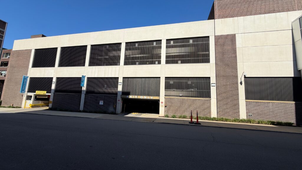 Exterior of a multistory parking garage at Geisinger Community Medical Center in Scranton, Pennsylvania, following cleaning by ASM Environmental.